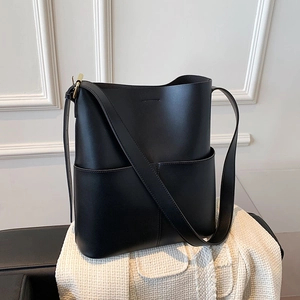 Große Eimer Tasche Damen Minimalistisch PU Leder Schulter Umhängetasche Handtasche Mit Vordertasche Und Nähten