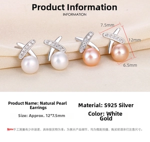 Macro view of S925 silver cross line earrings with natural white and pink pearls