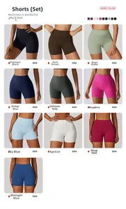 High-waisted yoga shorts set shown in ten vibrant colors for fitness and workout