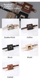 Detailed color selection of leather belt waist bags in snakeskin, black, and khaki