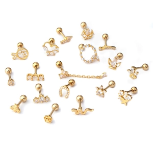 17-piece gold-plated stainless steel cartilage earrings set with zircon heart and snake shapes
