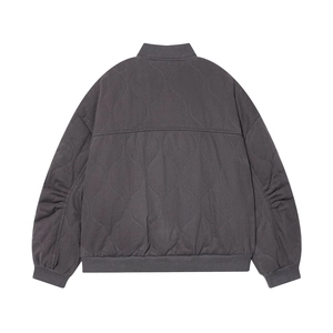 Relaxed fit charcoal quilted bomber jacket with wave stitching and ribbed trims on white background