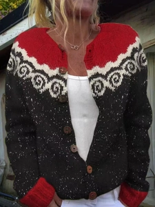 Close-up of retro knit cardigan with jacquard patterns and round wooden buttons