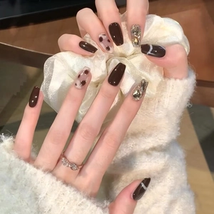 Press On Nails Deep Brown Coffin False Nails Glossy Rhinestone Marble Design Artificial Manicure For Women