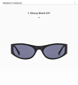 Detail view of glossy black oval retro sunglasses with high-quality dark grey lenses