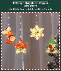 Close-up of LED Christmas string lights with Santa socks, stars, and snowflakes decorations
