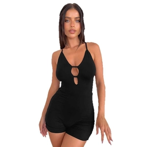 Body nero attillato sexy con scollo a V profondo e dettagli cut-out alla moda