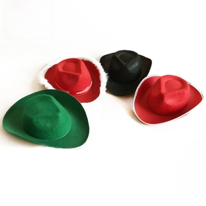 Detailed overhead view of festive western cowboy hats in red, green, and black felt