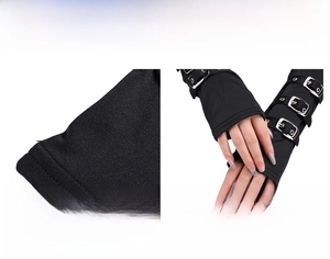 Dettaglio di manicotto punk con fibbie metalliche regolabili e tessuto traspirante