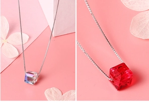 S925 silver cube crystal necklace in red and iridescent colors with elegant box chain