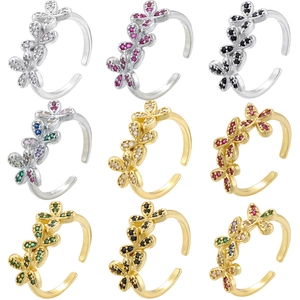 Copper Cubic Zirconia Bow Open Ring For Women Light Luxury Four-Leaf Clover Adjustable Floral Petal Finger Jewelry