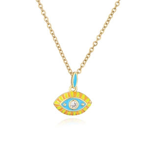 Close-up of gold-plated evil eye necklace with colorful enamel and crystal stone