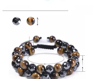 Detailed view of 8mm tiger eye and hematite beads with adjustable hand-woven knot