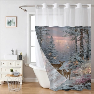 Detail of winter forest shower curtain featuring translucent mesh top and metal eyelets