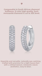 Detail of S925 silver hoop earrings with triple row pavé D-color 3EX moissanite stones