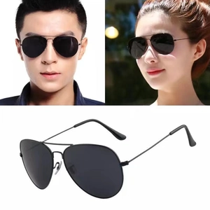 Classic black aviator sunglasses with metal frame shown in model lifestyle and product views