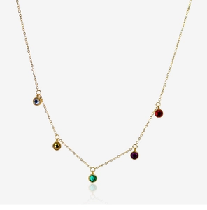 Detail of 18K gold-plated necklace featuring five vibrant round colored gemstones