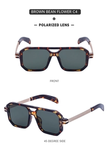 Detail view of square tortoiseshell polarized sunglasses with gold metal accents and green lens