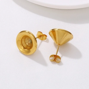 Golden stainless steel cone stud earrings with hollow spiral design and butterfly backs