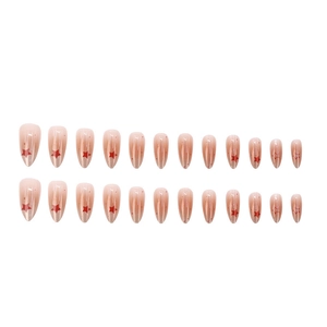 Faux ongles amande rose nude avec étoiles rouges et paillettes set de 24 pièces