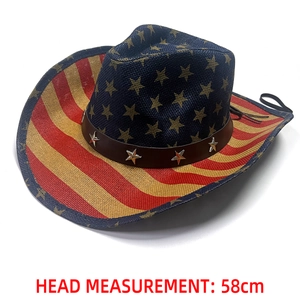 Detail of hand-painted American flag cowboy hat showing 58cm head measurement