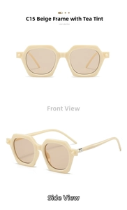 Detailed front and side views of C15 beige geometric sunglasses with amber lenses