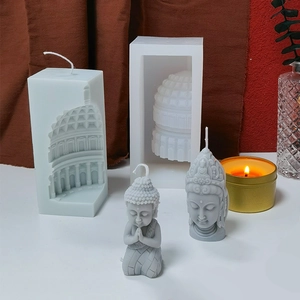 Silicone candle mold set featuring Buddha and architectural designs with wax samples