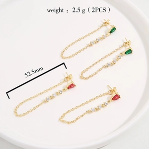 Detailed view of gold chain earrings with green and red teardrop gems and size specs