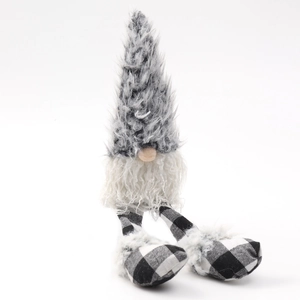 Plush Christmas gnome ornament with grey faux fur hat and black white plaid legs