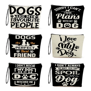 Linen Makeup Bag Dog Print Zipper Cosmetic Pouch With Wristlet Handheld Toiletries Storage Organizer For Women