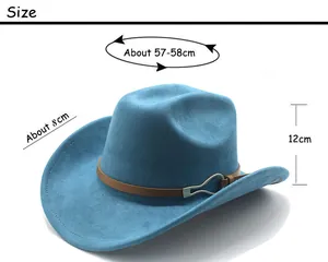 Size chart showing 57-58cm head circumference for blue wool felt western cowboy hat