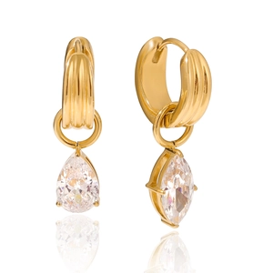 Luxury gold titanium steel hoop earrings featuring clear teardrop zircon stone pendants