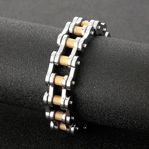 Mechanical industrial dual row bike chain bracelet in matte gold and silver stainless steel