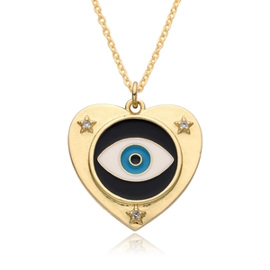 Golden heart-shaped evil eye pendant necklace with star zircon inlays on white background