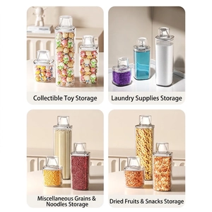 Set of transparent airtight food storage containers with measuring cup lids for kitchen pantry