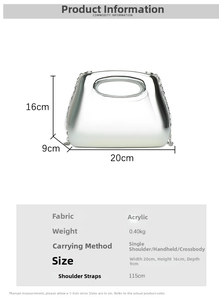 Size guide for acrylic clutch showing dimensions 20x16x9cm and silver metal chain detail