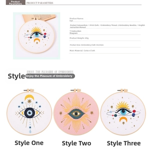 Detailed DIY embroidery kit including printed cotton cloth, colorful threads, and needles