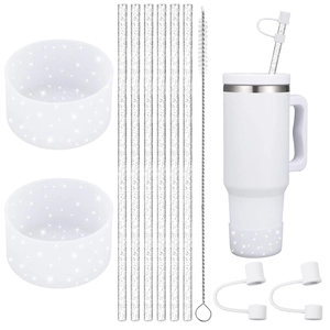 Stanley cup accessory set with glitter straw covers, silicone boots, and cleaning brush
