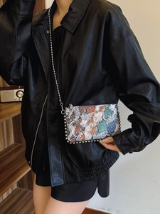 Snake Print Crossbody Bag Women Multicolor Splicing PU Leather Envelope Mini Square Handbag Silver Bead Chain Rivet Trim