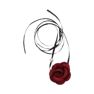 Handmade burgundy silk rose choker necklace with white pearl and black ribbon ties