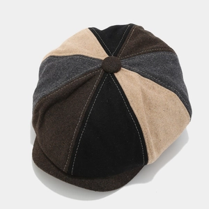 British vintage patchwork newsboy cap with contrast stitching in wool blend