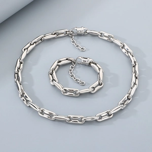 Polished 10mm silver pig nose chain necklace and bracelet set with lobster clasps