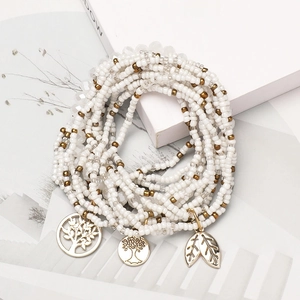 Bohemian Layered Glass Seed Bead Bracelet With Tree Of Life Leaf Alloy Pendants Elastic Vintage Ethnic Jewelry For Women