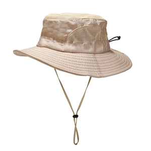 Breathable khaki outdoor sun hat with mesh panels and adjustable chin strap for hiking