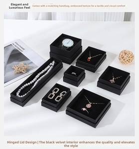 Matte black jewelry boxes with embossed texture and black velvet lining details