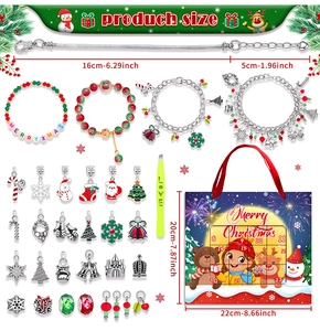 Detailed components of Christmas advent calendar kit with beads, charms, and gift bag