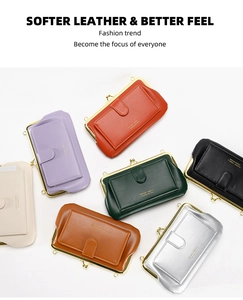 Flat lay of multiple leather crossbody phone bags in seven different vintage colors