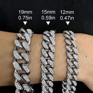 Comparison showing 19mm, 15mm, and 12mm Cuban link chains with pavé rhinestones on wrist