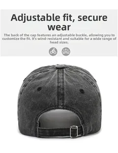 Close-up of the adjustable metal buckle and breathable holes on a vintage washed denim cap