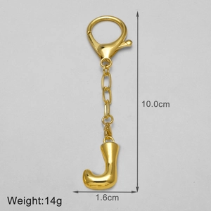 Detailed view of gold 18k plated 3D alphabet J keychain with lobster clasp and measurements